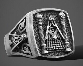 Oxidized Sterling Silver Master Mason Ring, Freemason Jewelry