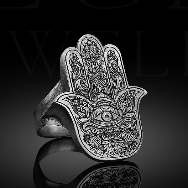 La chevalière unique de la main Hamsa, la main de Miriam, la bague de bonne chance, la main de Fatima, la bague de protection en argent, la bague de guérison, le cadeau familial pour lui