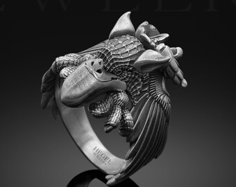 Oxidized Sterling Silver Gryphon Ring, Unisex Griffin Jewelry