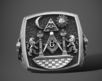 Oxidized Sterling Silver Masonic Ring, Freemason Signet