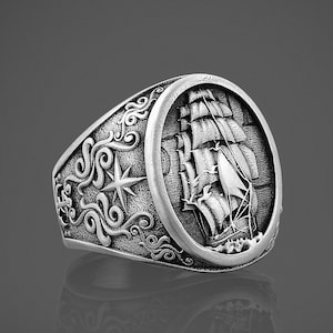 Silver Sailboat Ring, Viking Pirate Ship Ring, 925 Sterling Pinky Ring Gift For Sailor Handmade Nautical Sailing Male Ring Cool Husband Ring