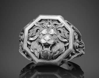 Maned Lion Handmade Sterling Silver Men Signet Ring, Lion Animal Signet Ring, Leo Zodiac Sign Ring, Leo Astrology Signet Ring, Lion Jewelry