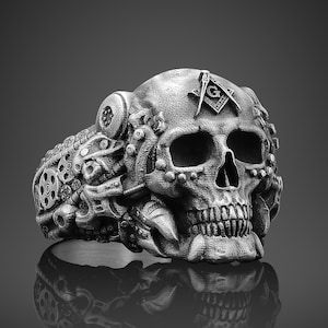 Biomechanical Steampunk Skull Mason Ring Sterling Silver Freemason Ring Mens Skull&Mason Jewelry Gİft For Boyfriend Gothic Biker Skull Gift