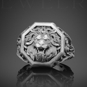 Maned Lion Handmade Sterling Silver Men Signet Ring, Lion Animal Signet Ring, Leo Zodiac Sign Ring, Leo Astrology Signet Ring, Lion Jewelry