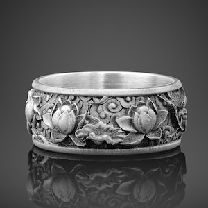 Japanese Lotus Flower Ring Kanji Ornamental Wedding Men Band Ring Sterling Silver Japanese Jewelry Lotus Flower Kanji Men Ring For Boyfriend