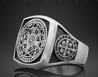 Seal Of King Solomon Silver Ring, Saint Benedict Medal Ring 925k Protection Rings For Man Seal Of Solomon Rings For Men Jewelry Gift Husband