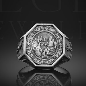 The Last Supper Signet Ring for Men in Sterling Silver , Jesus Christ Religious Silver Ring, Christian Jewelry, Octagon Signet Ring for Men