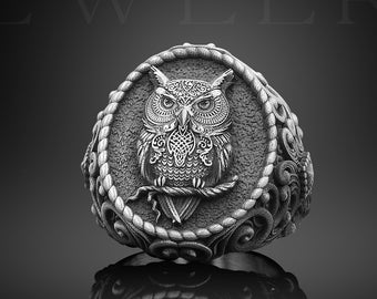 Men's Owl Sterling Silver Ring - Oxidized 925 Silver Nature Animal Ring For Him