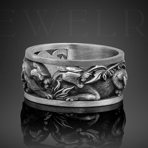 Tiger Oxidized Silver Mens Ring, Engraved Wild Cat Puma Ring For Men, Promise Ring For Him, Sterling Silver Animal Ring Mens Engagement Ring