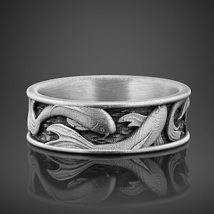 Japanese Koi Fish Cool Ring For Men, Carp Ring For Boyfriend, Sea Animal Ring in Sterling Silver, Pisces Ring For Husband, Unusual Men Ring