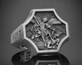 Archangel Michael Sterling Silver Signet Ring, Dragon Wings, Christian Faith