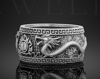 Oxidized Sterling Silver Dragon Ring, Yin Yang Gothic Band