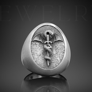 Bague épée dragon, chevalière ovale en argent sterling, petit doigt de créature mythique, bagues pour homme, bagues pour femme et homme pour les amateurs de mythologie