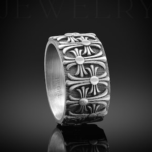 Kreuz handgemachte Sterling Silber-Männer Bandring, Christian Cross Männer Ehering, Kreuz Ehering, Ornament Männer Ring, Silber Christian Ring