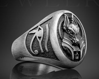 Anubis Handmade Silver Men Signet Ring, Egyptian God Sterling Silver Men Jewelry Silver Eye Of Ra Ring Ancient Egypt Gift Mythology Men Gift