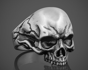 Oxidized Sterling Silver Skull Ring, Gothic Biker Jewelry