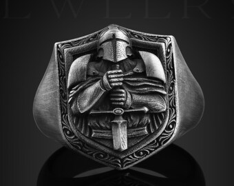 Handmade Crusader Knight Sterling Silver Signet Ring, Medieval Templar Biker Jewelry