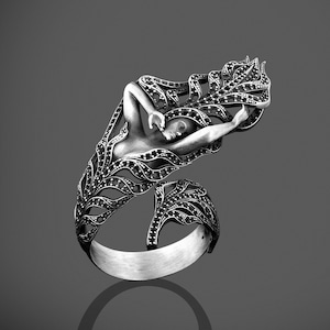Unique Feather Ring For Women Face Cool Feather Band, Adjustable Gift For Girlfriend, Sterling Silver Feather Ring, Large Feather Woman Ring