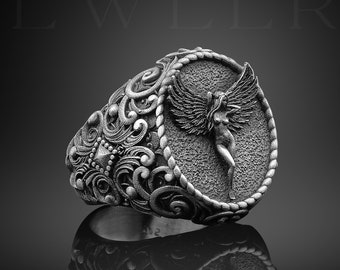 Anillo de sello con alas de ángel en plata de ley oxidada para mujer