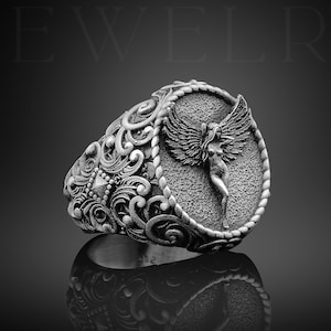 Female Body Signet Ring, Mens Silver Signet, Body Silver Ring, Mens Angel Ring, Silver Angel Signet Ring Angel Wing Woman Body Ring For Man