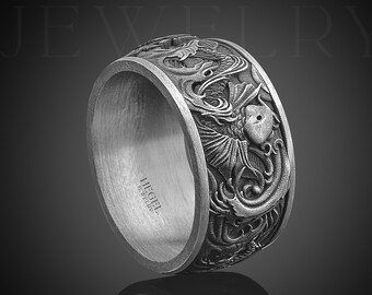 Koifisk sterlingsilverring, graverad japansk naturring