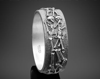 Bague de baiser squelette  Anneau d'amour en forme de crâne  Anneau de mariage osseux pour homme  Bagues Squelette en Argent Sterling