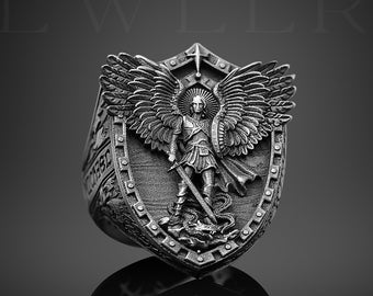 St Michael Sterling Silver Ring, Archangel Dragon Wings Signet Ring