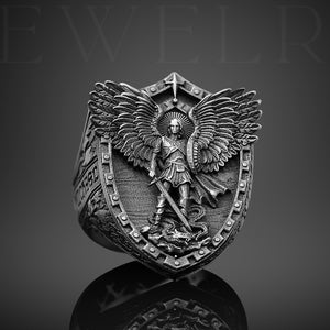 St Michael Extraordinary Ring for Men, Archangel Michael Dragon Wings Signet Men Ring, St Michael Christian Ring, Sterling Silver Faith Ring