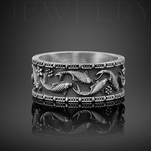 Koi Fish Sterling Silver Mens Ring, Engraved Mens Engagement Ring, Japanese Fish Nature Inspired Ring, Pisces Ring For Dad Birthday Gift