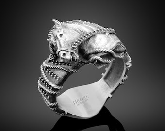 馬の頭部デザインリング ゴージャスな馬の頭のシルバー 950 刻印入りリング、ギフトのアイデア