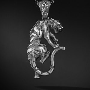 Chinese Tiger Necklace Sterling Silver Tiger Pendant For Men Jewelry Personalized Cool Male Charm Gift Unisex Wild Cat Animal Amulet For Dad