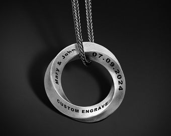 Silver Mobius Pendant For Man Unique Swirl Twisted Necklace Engraved Name Mobius Circle Pendant Sterling Eternity Jewelry For Lovers Couple