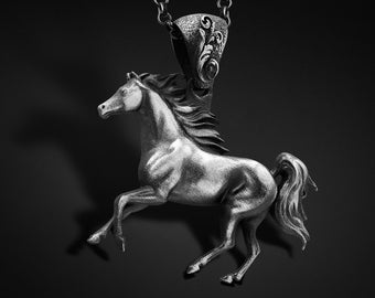 Colgante de caballo encabritado de plata de ley oxidada, joyería animal