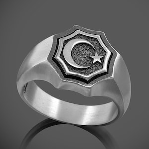 Silver Moon and Star Signet Rings For Mens Sterling Celestial Pinky Ring, ıslamic Muslim Ring, Handmade Islamic Symbol Jewelry Gift For Dad