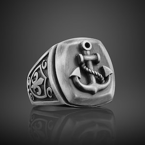 Anchor Signet Ring For Men Handmade Sailor Captain Ring Personalize Oxidize Boyfriend Ring 925k Sterling Silver Unique Ring For Husband Gift
