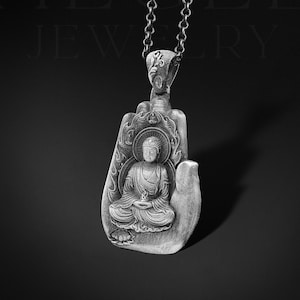 Silver Buddha Hand Mens Necklace, Mens Gift Buddha Pendant, Unisex Buddha Palm Necklace With Chain Sterling Silver Luck Mens Jewelry Gift
