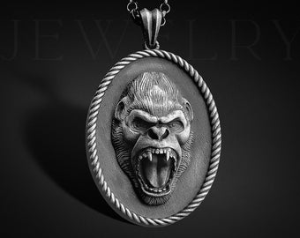 Oxidized Sterling Silver Gorilla Pendant Necklace, Engraved Animal Jewelry