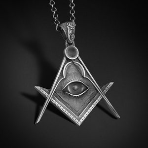 Silver All Seeing Eye of Providence Necklace Mason Square Compass Pendant Illuminati Necklace Gift FreeMason Silver Jewelry Gift Boyfriend