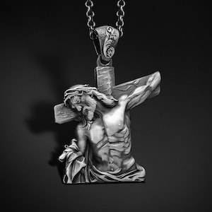 Jesus Crucifix Silver Necklace, 925K Sterling 3D Pendant For Husband, The Christ Charm, Engraved Religious Jewelry Retirement Gifts For Men