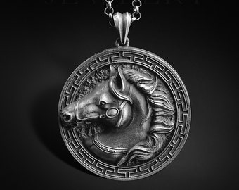 Handmade Sterling Silver Horse Pendant Necklace, Oxidized Animal Jewelry