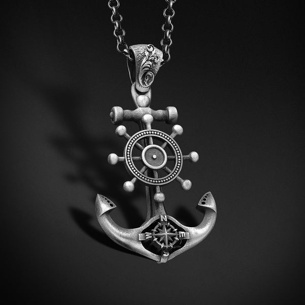 Pendentif ancre en argent avec boussole, collier ancre nautique en argent avec roue de bateau, pendentif homme 925 carats, cadeau fête des pères pour marin lui