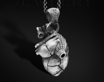 Steampunk Heart Pendant, Oxidized Sterling Silver Bionic Anatomical Heart Necklace