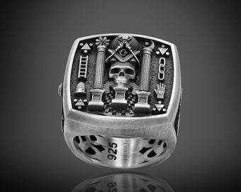 Handmade Sterling Silver Freemason Skull Ring, Oxidized Signet