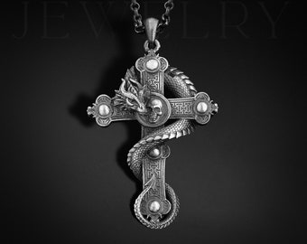 Dragon On Cross Mens Silver Necklace For Boyfriend, Gothic Cross Pendant For Good Luck, Unique Mens Necklace For Husband Cross Dragon Charm