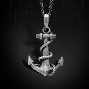 Silver Anchor Pendant with Rope, Oxidized Silver Nautical Anchor Necklace, 925k Sterling Mens Pendant, Father&#39;s Day Gift for Sailor Him