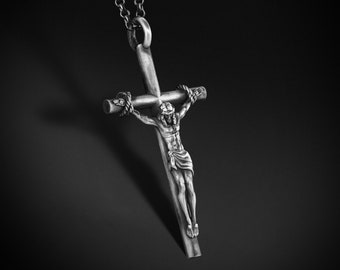 Sterling Silver Jesus on Cross Necklace, Oxidized Catholic Crucifix Pendant