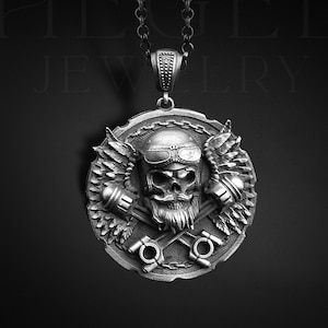 Silver Biker Skull Necklace, 925 Silver Gothic Skull For Best Friend, Pagan Skull Charm, Oxidized Skull Jeweelry For Men Halloween Gift