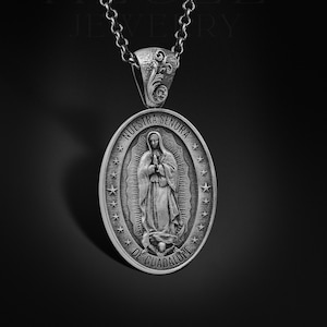 Our Lady Of Guadalupe Personalized Silver Necklace, Guadalupe Silver Men&#39;s Pendant, Religious Virgin Mary Necklace, Christian Husband Gift
