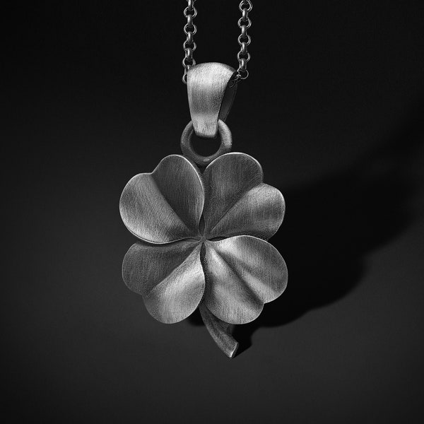 Silver Shamrock Pendant Mens 4 Leaf Clover Necklace Men Sterling Shamrock Pendant Irish Jewelry For Men Large Good Luck Charm Gift Boyfriend