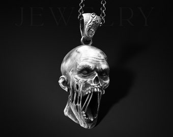 Silver Zombie Necklace Zombie Head Pendant For Man Unique Mens Pendant Unique Zombie Gift For Him Sterling Silver Pendant For Man Gift Him